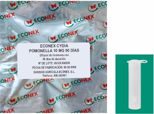 >ECONEX CYDIA POMONELLA 2 MG 90 DAYS Packaging and pheromone diffuser