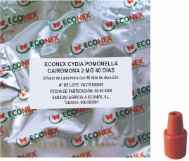ECONEX CYDIA POMONELLA KAIROMONE 2 MG 40 DAYS Packaging and pheromone diffuser