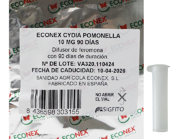 >ECONEX CYDIA POMONELLA 2 MG 90 DAYS Packaging and pheromone diffuser