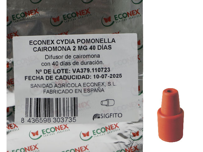 ECONEX CYDIA POMONELLA KAIROMONE 2 MG 40 DAYS Packaging and pheromone diffuser